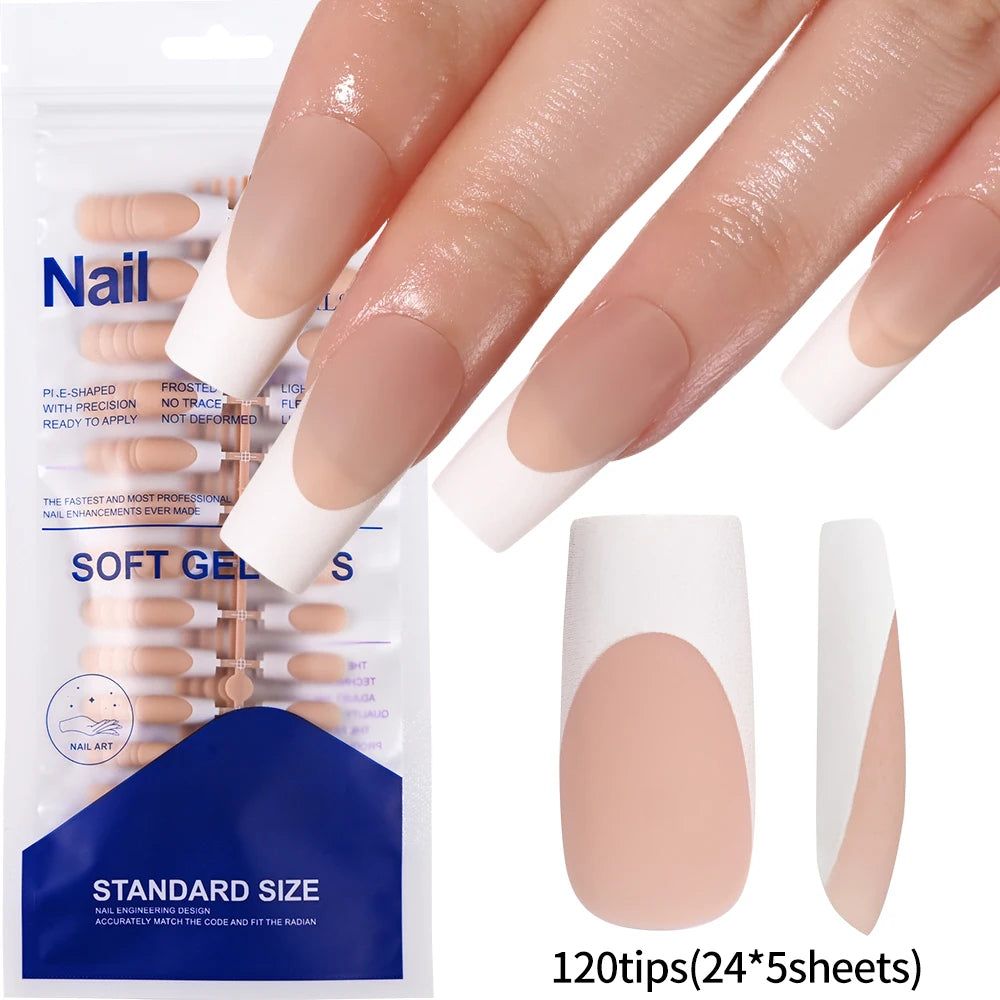 120 Uñas Acrílicas Francesas Cuadradas Medianas y Largas, Uñas Postizas Francesas de Cobertura Completa para Mujer, Uñas Postizas de Diferentes Tamaños