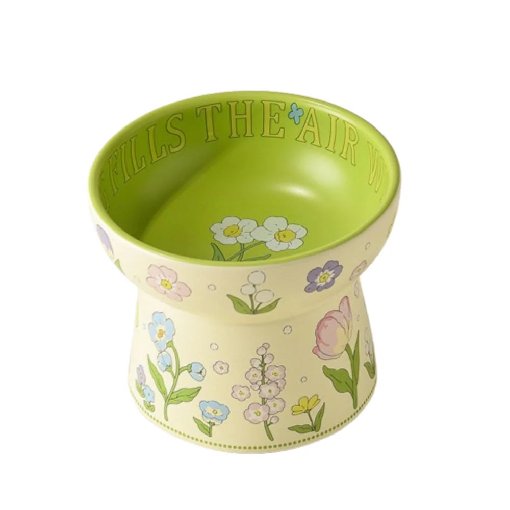 Tazón de cerámica verde duradero para gatos, tazón antideslizante con diseño de conejo y flores, tazón elevado diagonal para beber y alimentar.