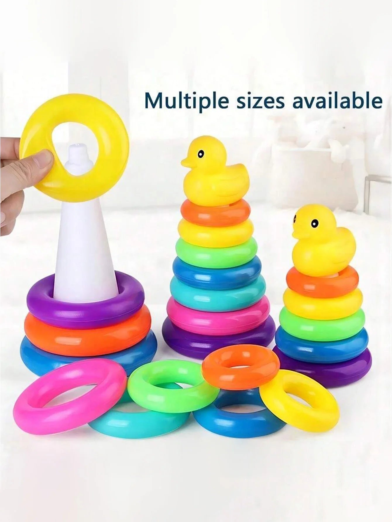 Pato amarillo Torre arcoíris círculo apilado juguete plástico arco iris círculo juguete círculo lanzamiento juguete juego interactivo regalos de cumpleaños