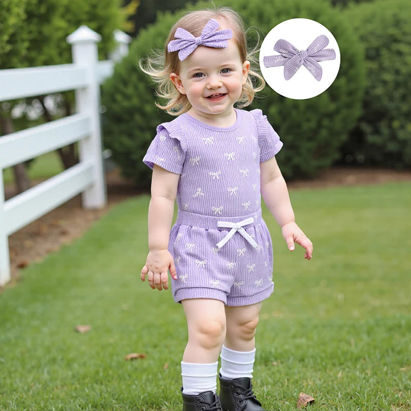 Conjuntos de verano para niña de 0 a 18 meses, pelele de manga corta con estampado de lazo, pantalones cortos de cintura elástica y diadema, conjunto de 3 uds.