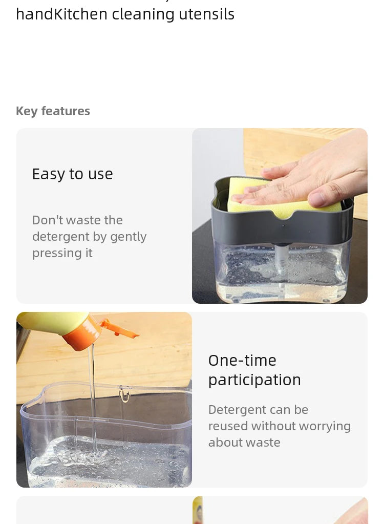 Dispensador de jabón portátil con prensa de detergente para cocina, paño limpio Pak, olla para lavar platos, herramienta de limpieza