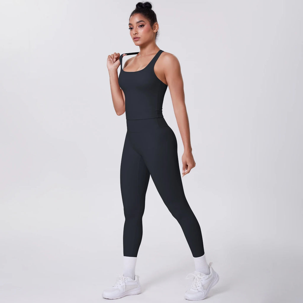Hamidou - Conjunto de yoga de 2 piezas para mujer: leggings de fitness de secado rápido con efecto push-up y top deportivo con espalda en I de color liso.