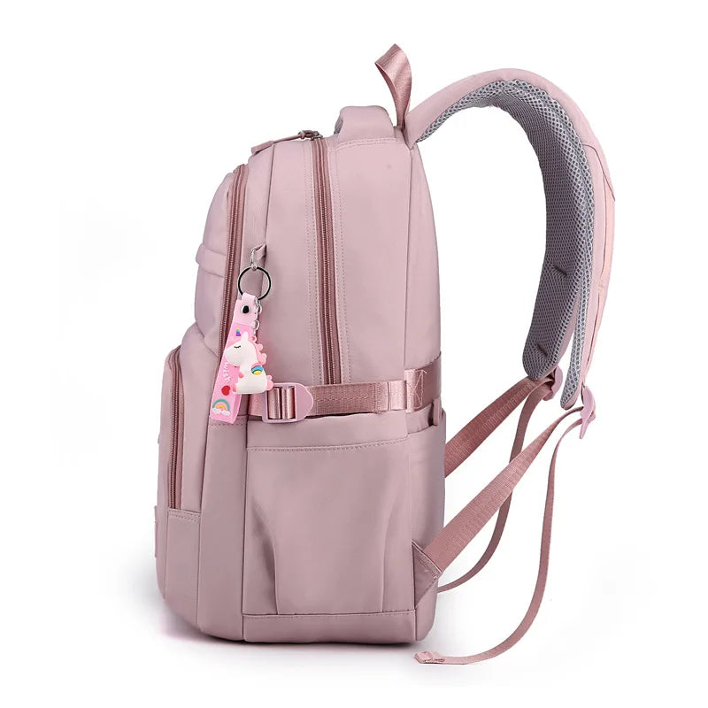 Mochila escolar de nailon con colgante para niñas, de viaje con múltiples bolsillos morral, impermeable, informal, estilo Simple