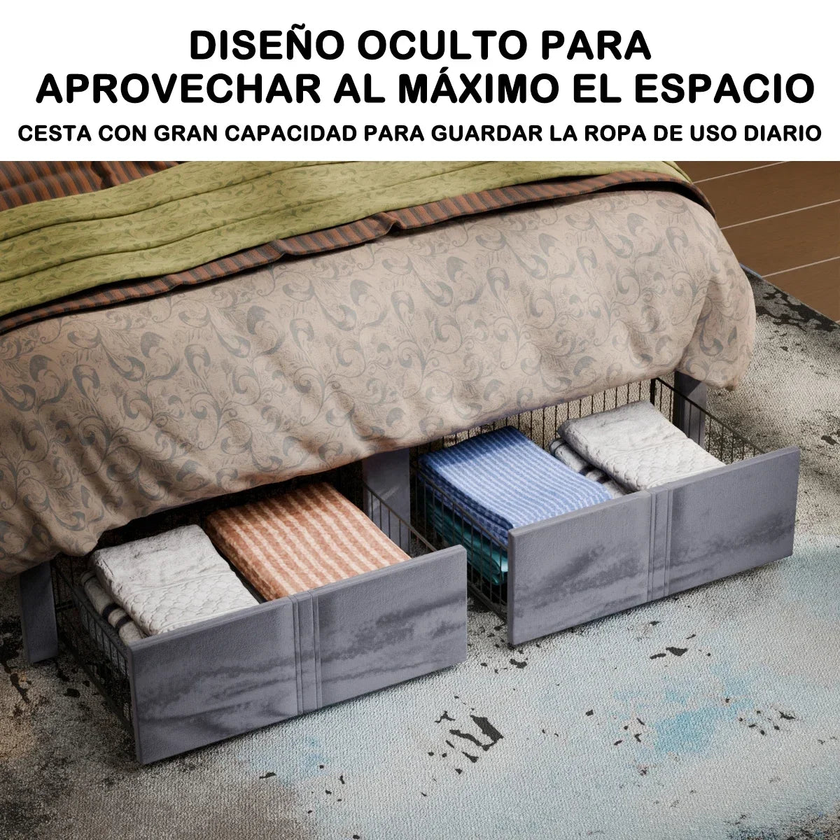 Base de Cama de Plataforma de Madera con Cajones de Almacenamiento, Tamaño Matrimonial, con Luces LED y Estación de Carga, No Requiere Somier, Gris