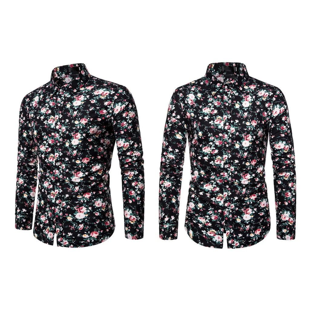 Camisa Floral de manga larga para hombre, ajustada, abotonada, mezcla de poliéster transpirable, traje informal de negocios para fiesta y oficina, primavera y otoño