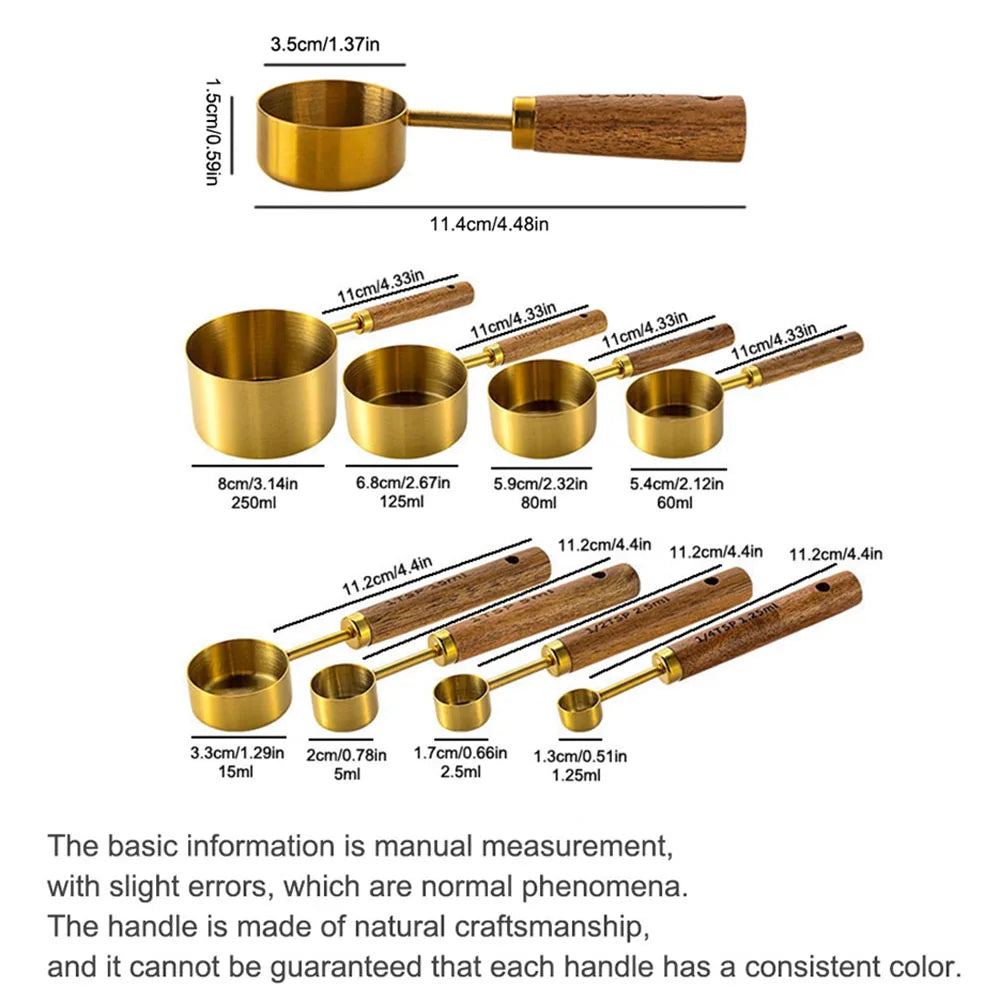 Mango de madera dorado, tazas medidoras de acero inoxidable, cucharas, herramientas para hornear, juego de cucharas medidoras de café, accesorios de báscula para barman