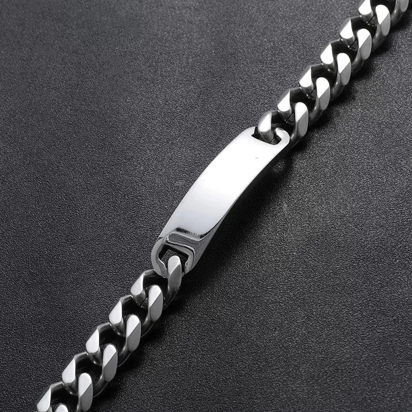 Pulseras Punk de acero inoxidable con texto grabado y logotipo personalizado para hombre, cadena cubana para mujer, pulsera de identificación, triangulación de envíos