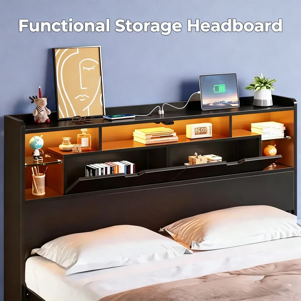 Estructura de cama LED, Mesita de Noche con Espacio de Almacenamiento y Carga Inalámbrica | Luz Nocturna y Base Multifuncional, 211 x 139 x 113 cm (Negro)
