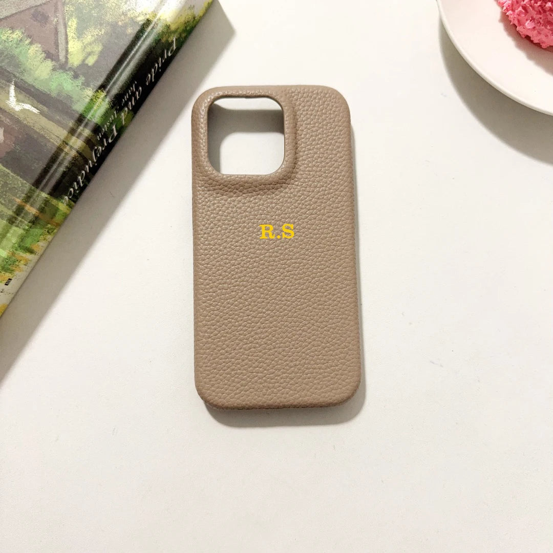 Funda rígida de cuero PU con nombre personalizado para iPhone16, 16e, 15, 14, 13, 12, 11 Pro, Funda trasera a prueba de golpes