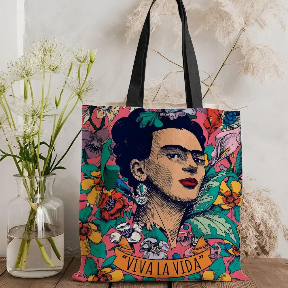 Bolsos de Almacenamiento Art F-Frida Kahlo, Bolso Tote de Lona con Estampado a Doble Cara, Bolso de Hombro de Gran Capacidad para Mujer