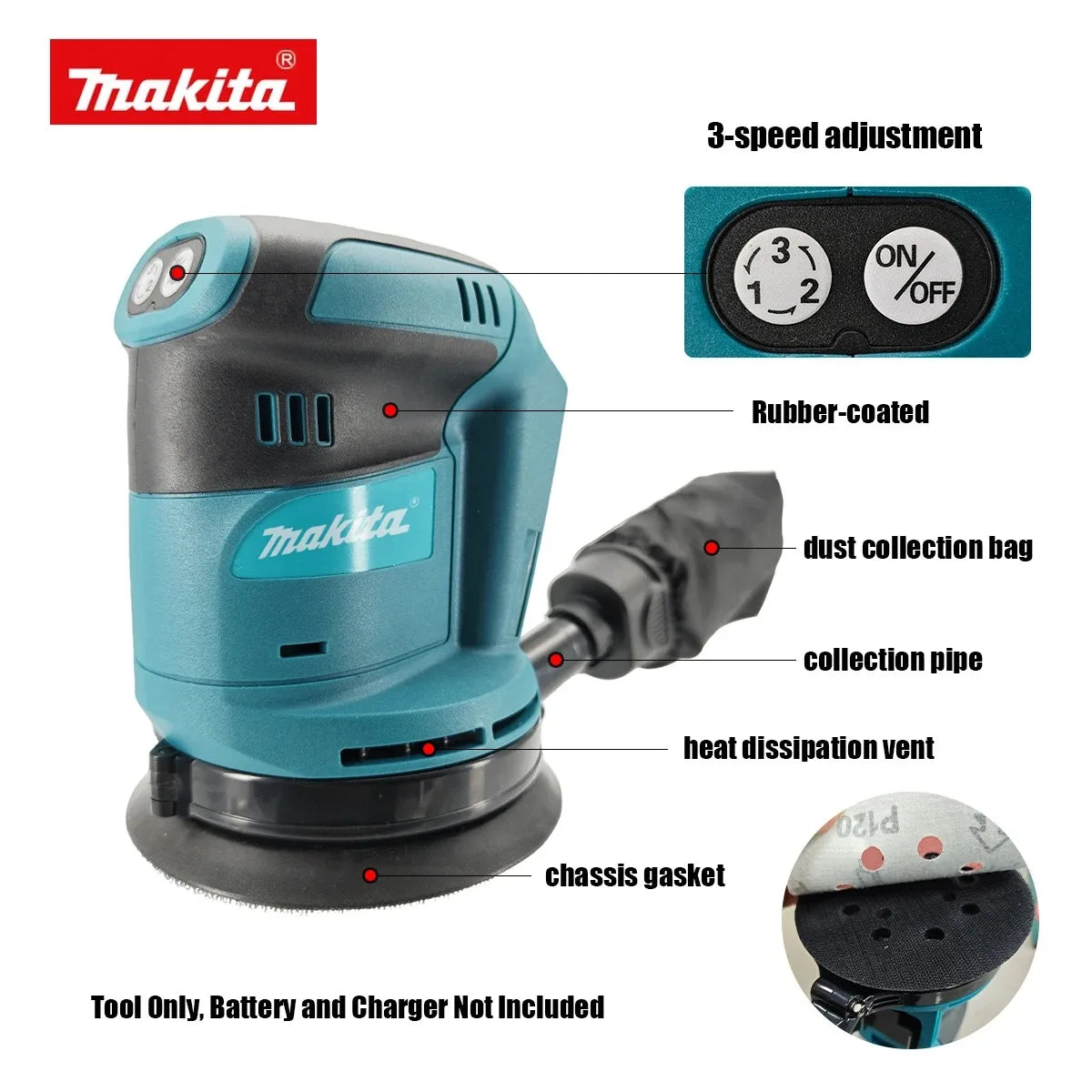 Lijadora Orbital Aleatoria Inalámbrica de 18V Li-ion Sin Escobillas Makita DBO180Z, Herramienta Multivelocidad para Pulir y Lijar Madera (Solo Herramienta)