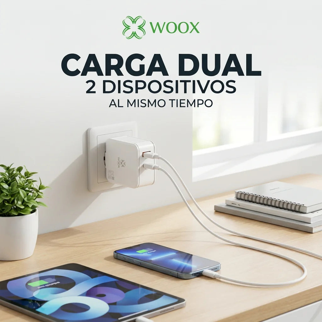 Cargador Rápido Woox 65W GaN con Cable de 100W, 2 Puertos Compactos (USB-C PD y USB-A) para iPhone 17, Teléfono Android, Ordenador Portátil
