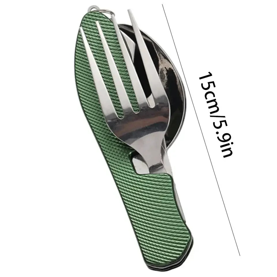 Juego de utensilios de camping plegables 4 en 1, cuchillo multifuncional, tenedor, cuchara, abridor de botellas para supervivencia al aire libre, deportes, camping y senderismo.