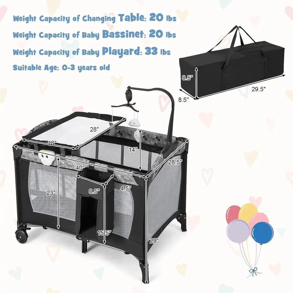 Pack and Play, Corralito portátil 4 en 1 para bebés con moisés, cambiador, ruedas con bloqueo, caja de música, cuna de viaje plegable