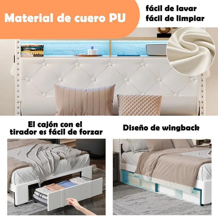 Cabecero de madera, marco de cama, almacenamiento de luces Led, estación de carga, plataforma de Metal regulable, muebles Wingback de estilo moderno