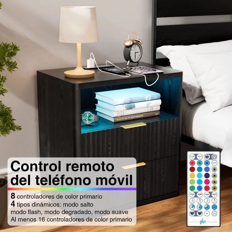 Mesa de Noche con 2 Cajones y Estación de Carga, Ahorra Espacio, con Tomacorriente, de Madera, para Dormitorio, Esquina de Escritorio, Sala de Estar, Hogar