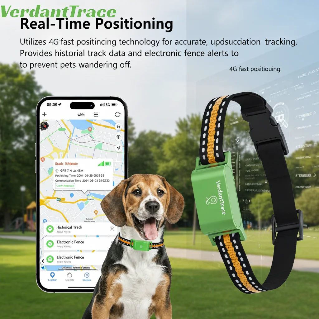 Rastreador de Mascotas VerdantTrace para Teléfonos Android e iOS, GPS 4G, Collar con Rastreador para Gatos y Perros, Rastreo en Tiempo Real, Localizador Antipérdida, Sin Suscripción