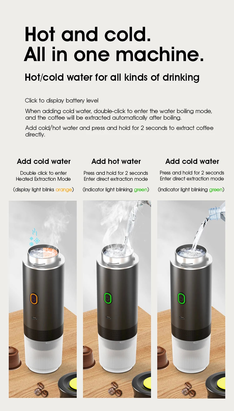 Cafetera Espresso portátil eléctrica inalámbrica para coche y hogar, cafetera para acampar, cafetera de viaje en polvo con cápsula 3 en 1