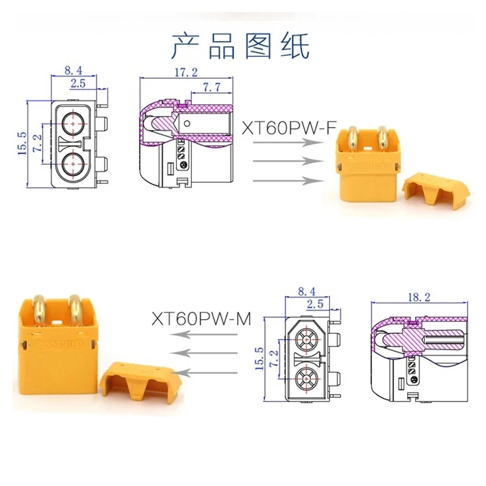 10 pares de conectores Amass XT60 XT60PW tipo banana dorados, macho y hembra, para baterías Lipo RC y placas PCB