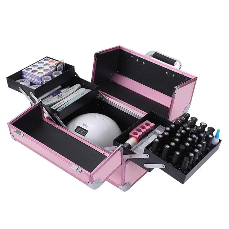 Bolsa de maquillaje expandible con cerradura, herramientas de aluminio para decoración de uñas, caja de cosméticos, cajones multicapa, organizador de almacenamiento de manicura y esmalte de uñas