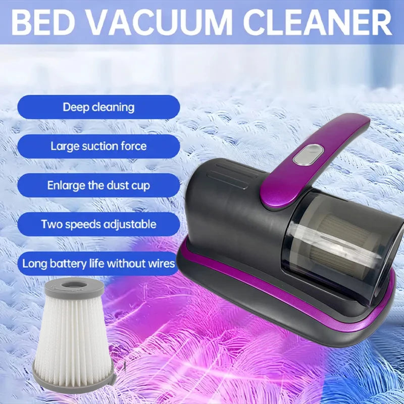 Aspirador de colchón de mano inalámbrico con filtro HEPA de luz UV-C y vibración ultrasónica 12KPa para cama, sofá, asiento de coche y alfombra