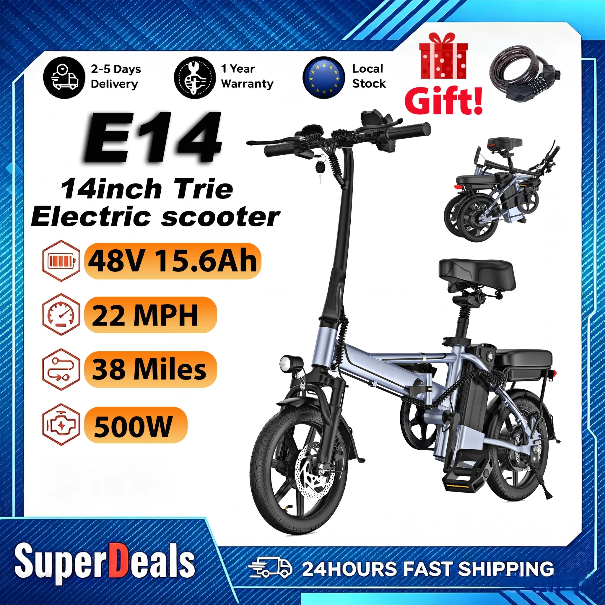 Bicicleta Eléctrica Plegable E14 de 500W para Adultos, 22MPH, 38 Millas, 14 Pulgadas, con Cuadro Plegable y Cesta Trasera, Bicicleta Eléctrica Urbana, Stock en la UE
