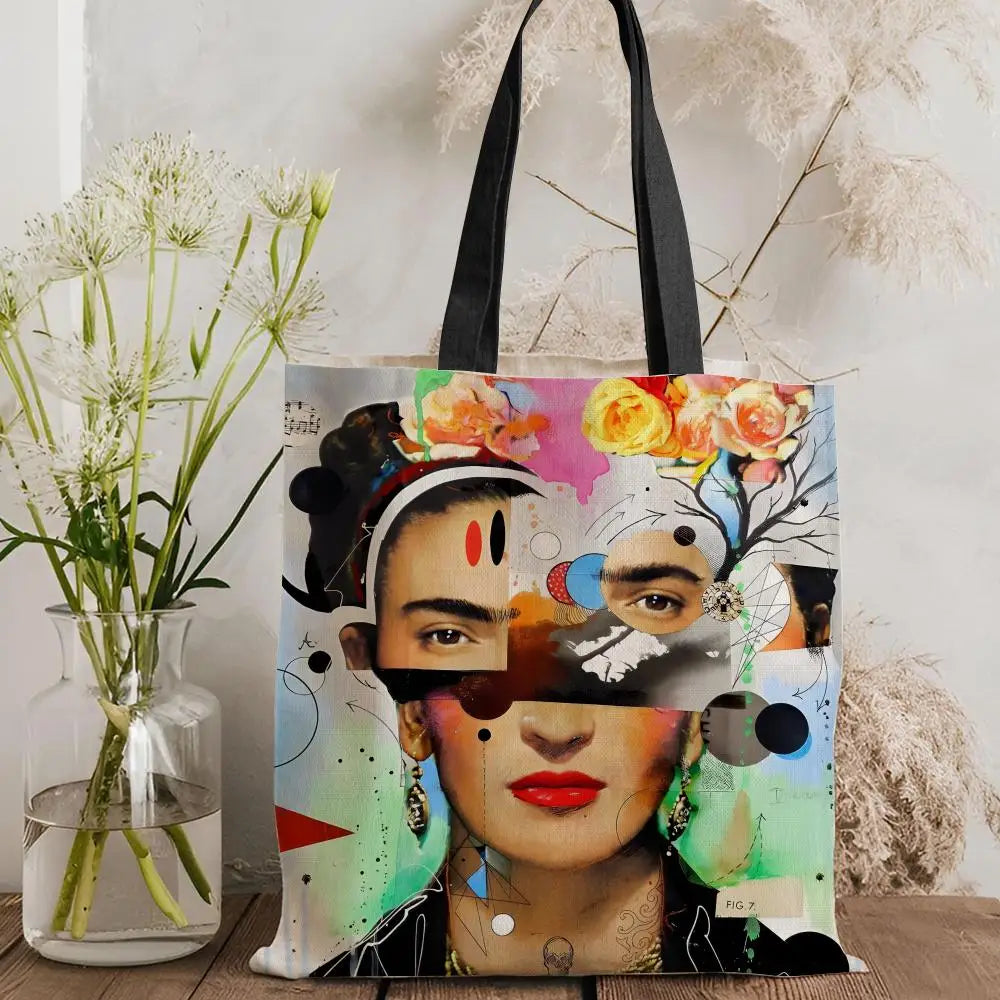 Bolsos de Almacenamiento Art F-Frida Kahlo, Bolso Tote de Lona con Estampado a Doble Cara, Bolso de Hombro de Gran Capacidad para Mujer