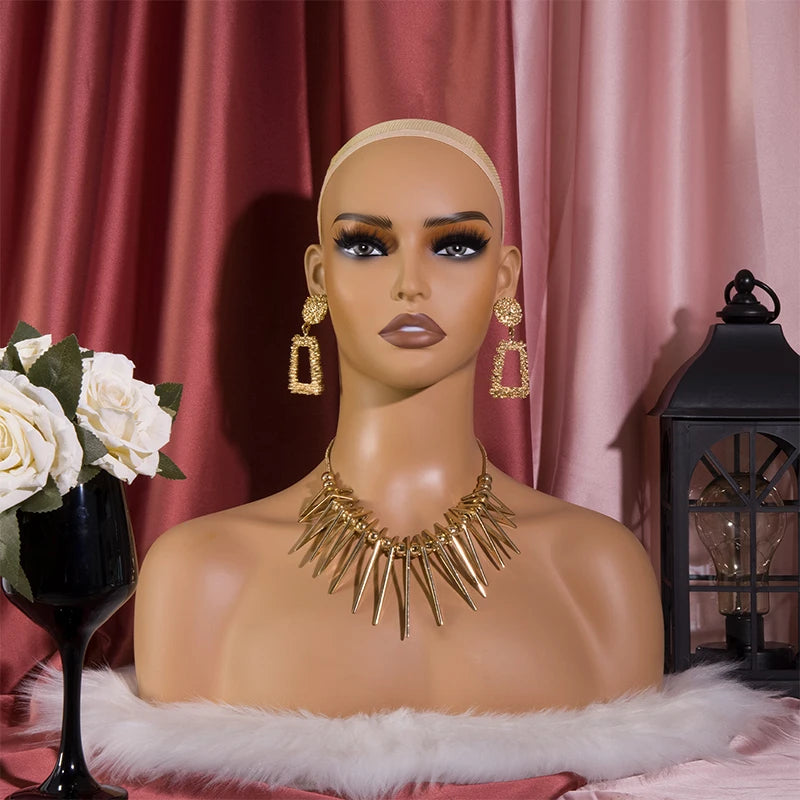 Cabeza de peluca femenina, maniquí de piel marrón claro, maquillaje realista, cabeza de maniquí, soporte para peluca, 1,8 kg/unidad, cabeza simulada de relleno de espuma para pelucas