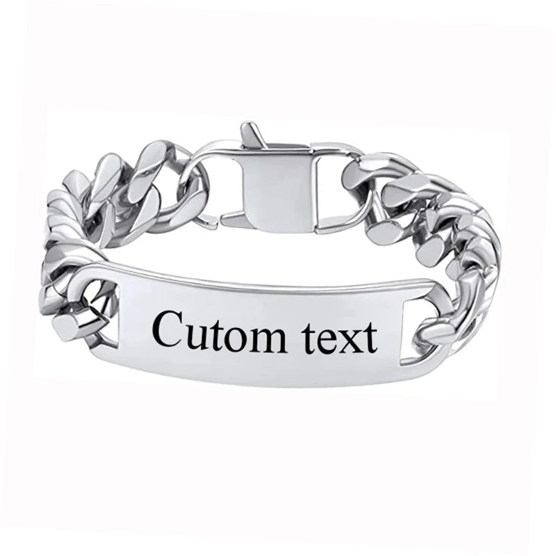 Pulseras Punk de acero inoxidable con texto grabado y logotipo personalizado para hombre, cadena cubana para mujer, pulsera de identificación, triangulación de envíos