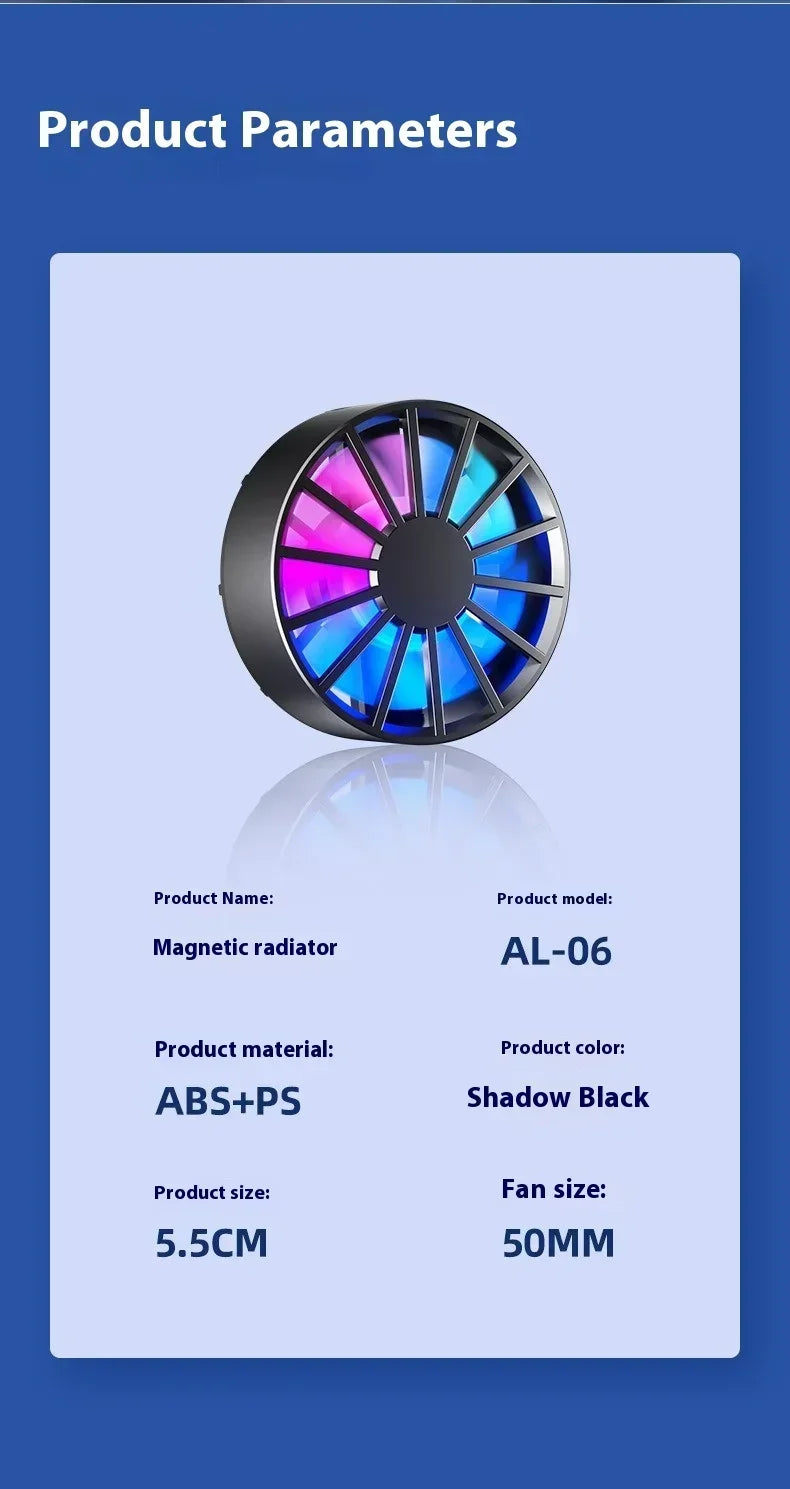Enfriador de Teléfono Portátil Magnético, Ventilador Ligero de Bajo Ruido con Luz RGB, Enfriamiento Rápido para Teléfono, Tableta, Juegos PUGB