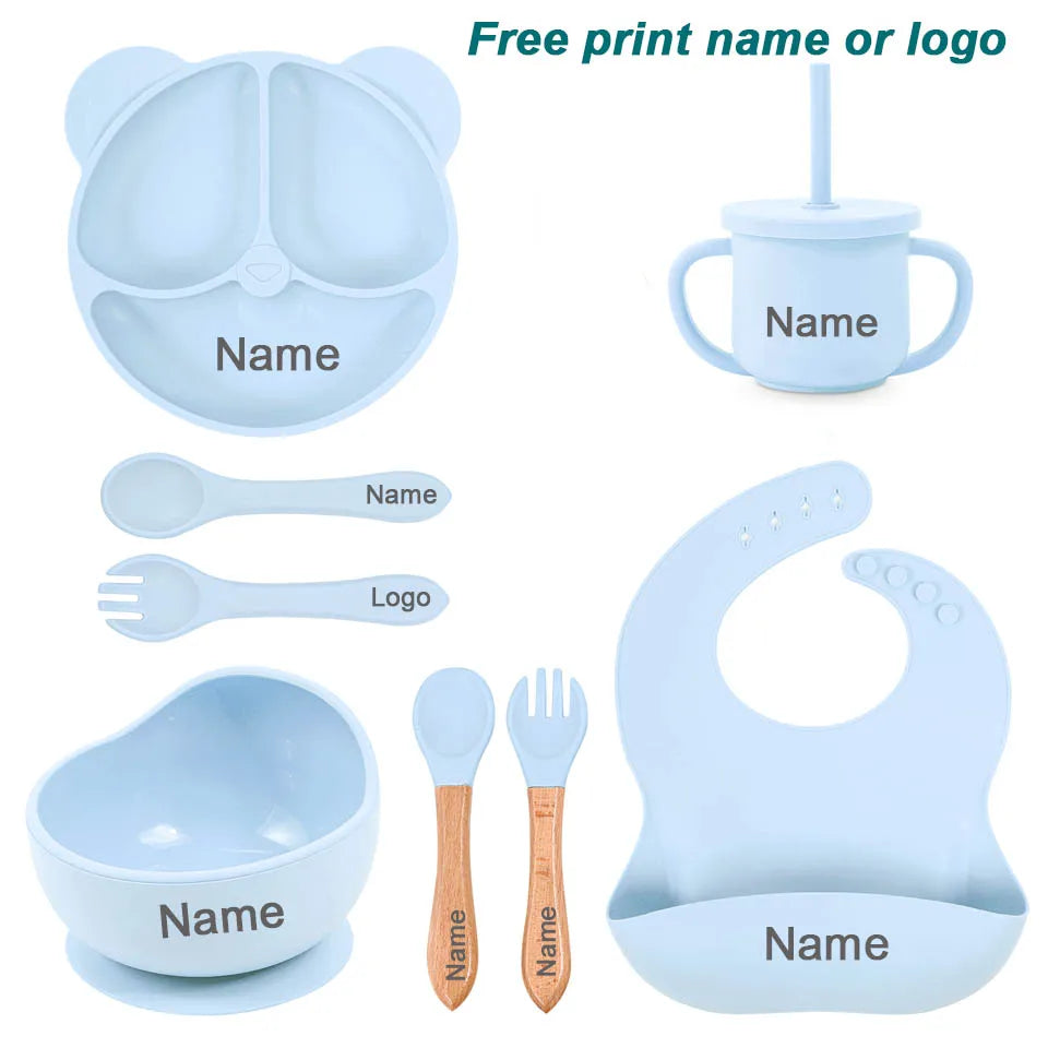 Vajilla de silicona para niños, juego de alimentación de bebé, plato de dibujos animados, nombre personalizado, taza con ventosa, plato, babero, regalo para recién nacido, 8 Uds./5 uds.