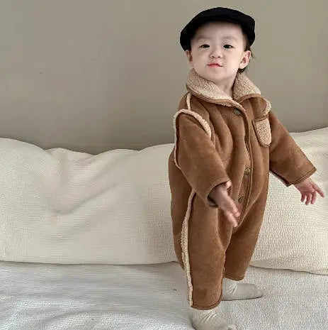 Mameluco coreano de invierno para bebé, mono con capucha con forro de Sherpa grueso Vintage, traje cálido para gatear para niños y niñas