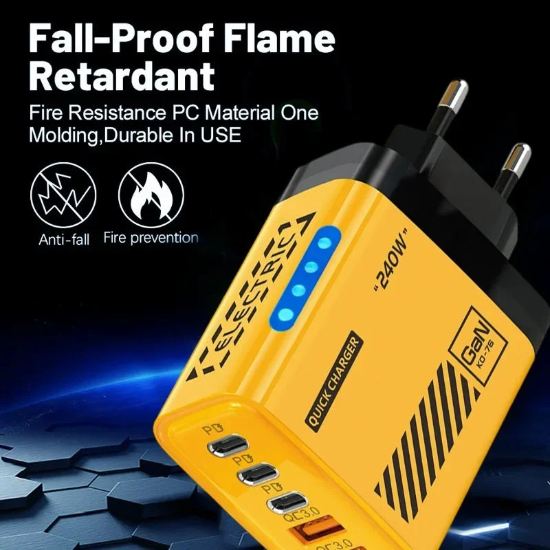 Cargador Rápido de Teléfono de 240W, Enchufe US/EU, QC3.0 PD USB, 5 Puertos, Cabezal de Carga GaN con Luz LED para iPhone 17 16, Samsung, Huawei
