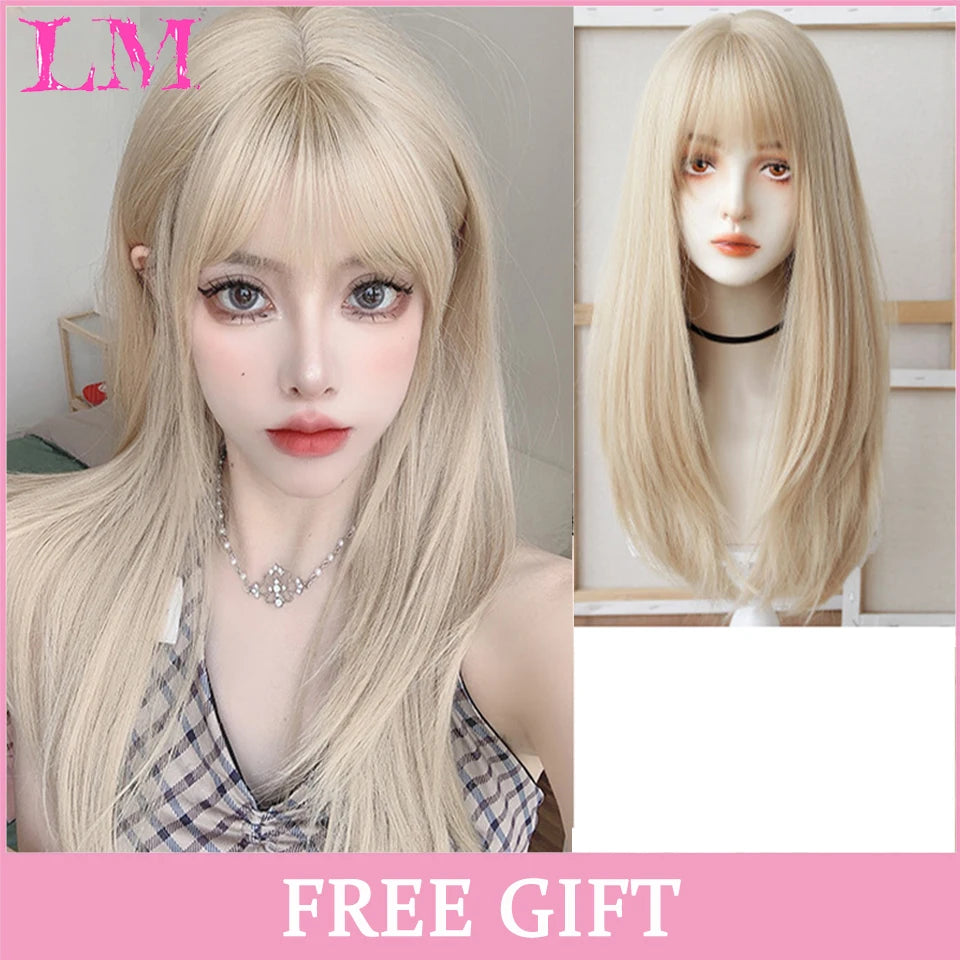 LM Rubio sintético Ombre mezclado rosa Rubio largo ondulado pelucas con flequillo Cosplay fiesta uso fibra resistente al calor para mujeres
