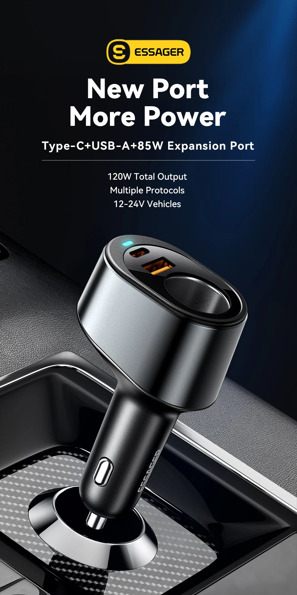 Essager 120W USB C cargador de coche con puerto de encendedor de cigarrillos de coche de 85W adaptador de cargador de coche rápido para iPhone 15 MacBook Xiaomi Laptop