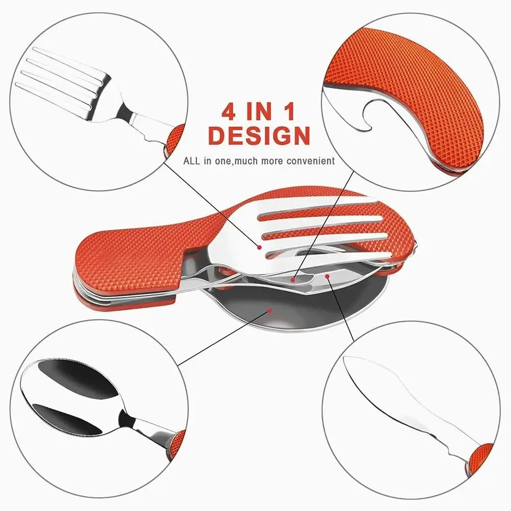 Juego de utensilios de camping plegables 4 en 1, cuchillo multifuncional, tenedor, cuchara, abridor de botellas para supervivencia al aire libre, deportes, camping y senderismo.