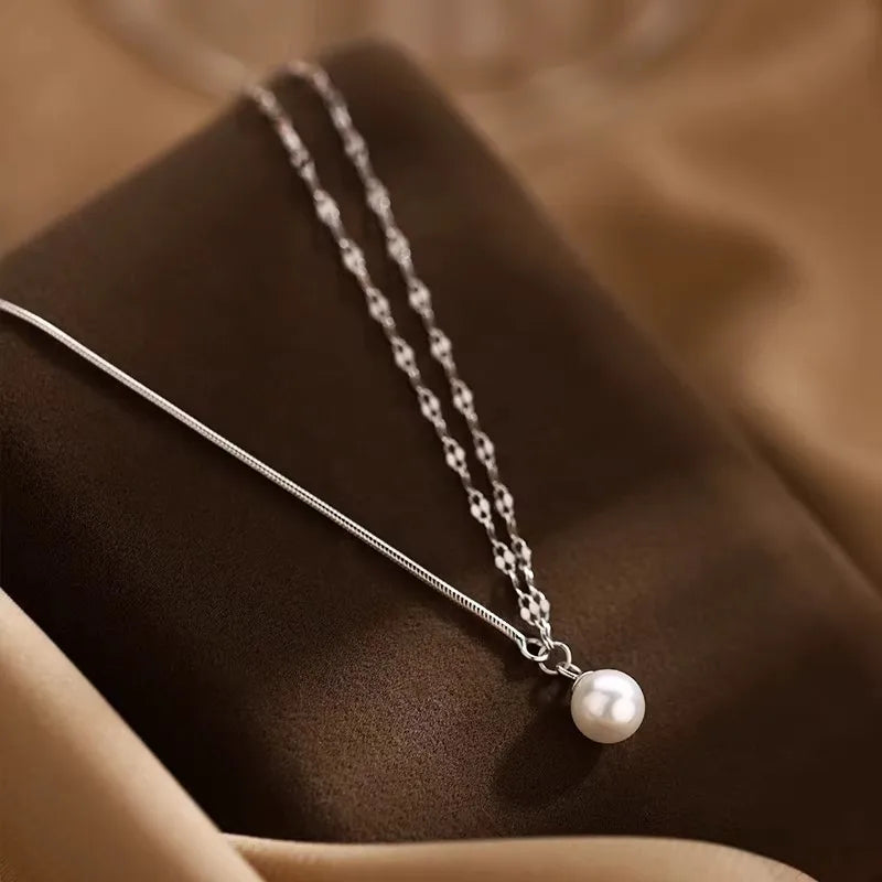 Collar de perlas de doble capa de Plata de Ley 925 con temperamento brillante, collar de cadena asimétrico, joyería de moda ﻿
