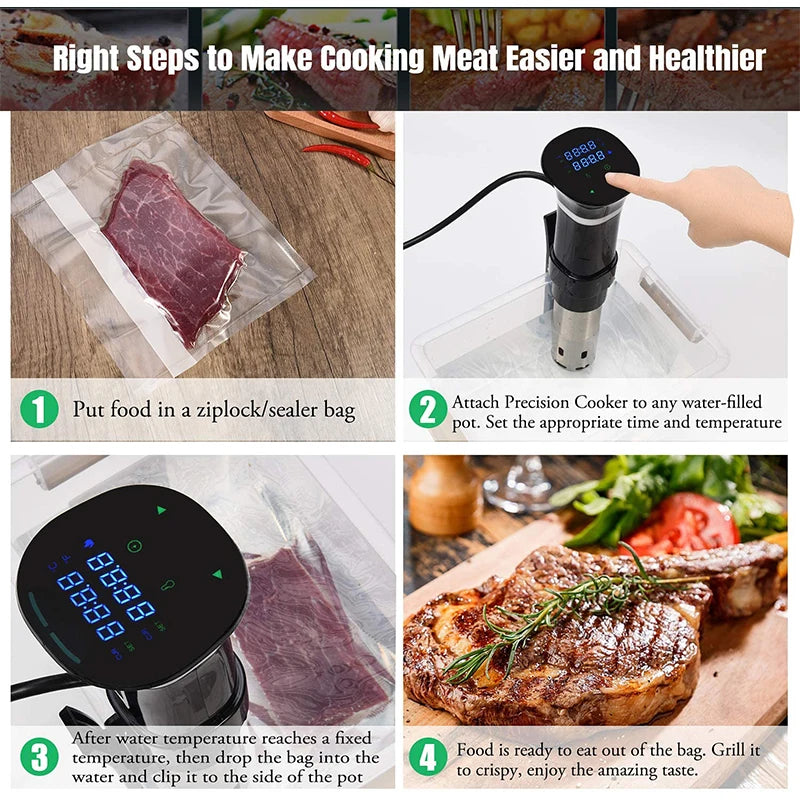 Sous Vide WIFI 1100W de alta potencia con función de olla de cocción lenta Temporizador de 99 horas y cocción al vacío de precisión, ±0,1 ° C Contraste de temperatura