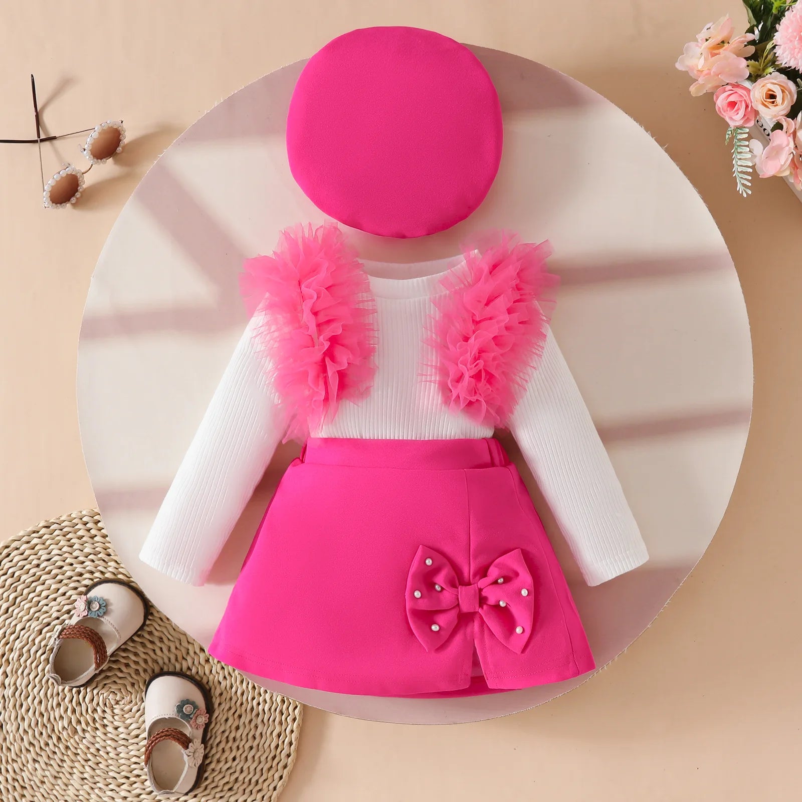 Conjunto de ropa de Año Nuevo para niñas de 0 a 3 años, Top de manga larga con lazo grande, falda Irregular y boina, ropa de Navidad para niños pequeños de 3 uds.