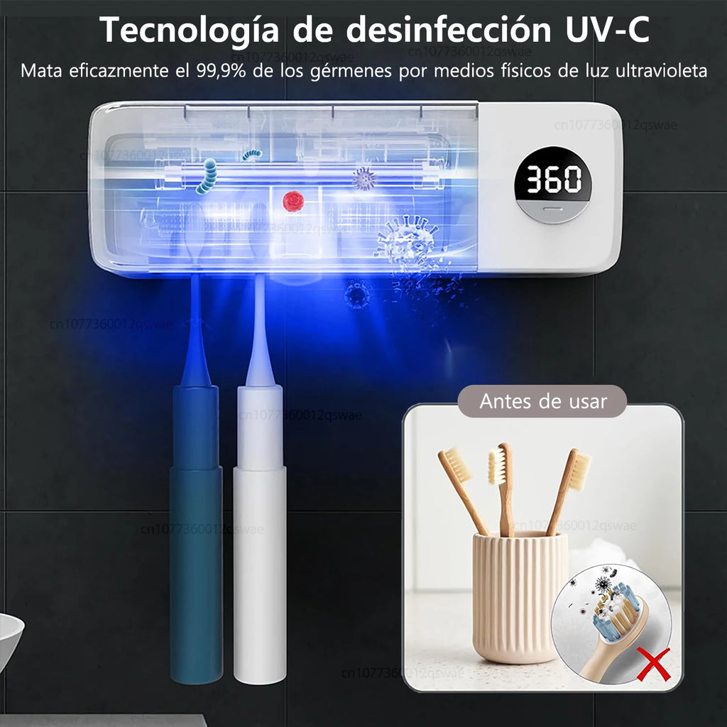 Esterilizador de cepillo de dientes eléctrico esterilización de cepillo de dientes UV con 4 ranuras recargable montado en la pared para soporte de cepillo de dientes de baño