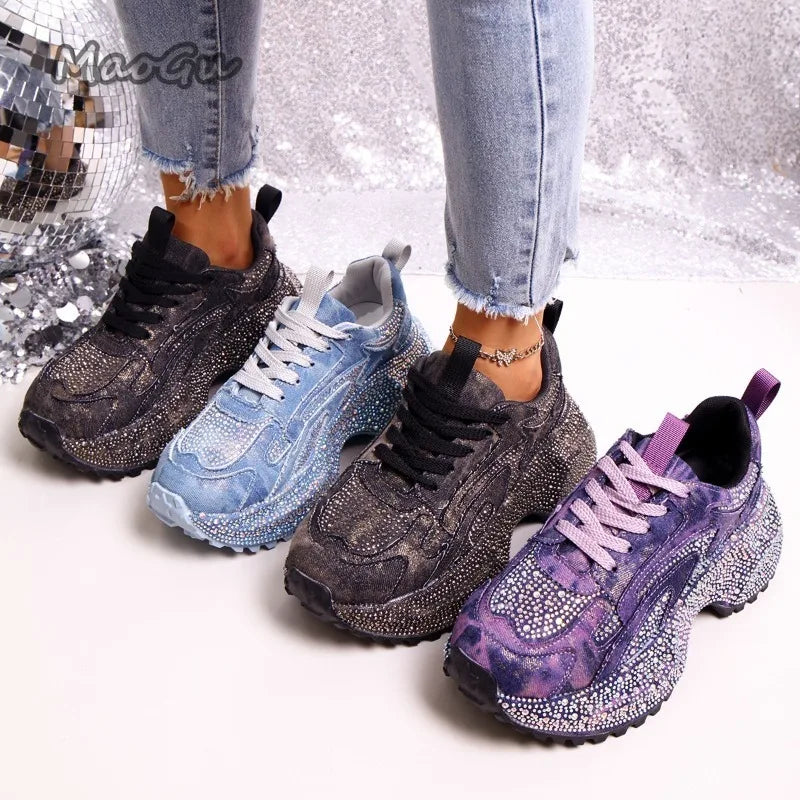 Zapatillas gruesas con diamantes de imitación para mujer, zapatos informales con cordones y suela gruesa, zapatos vulcanizados con plataforma vaquera de lujo para mujer 35-42