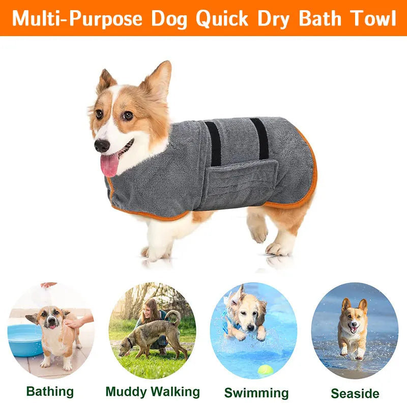 Toalla de albornoz para perros 2 en 1, cinta mágica ajustable, bata de secado rápido, ropa súper absorbente para mascotas para perros pequeños y medianos después del baño