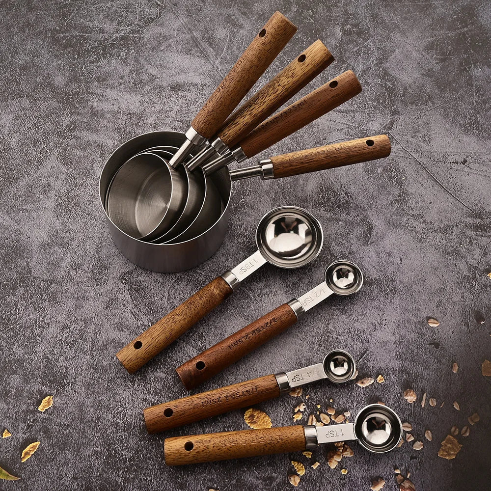 Mango de madera dorado, tazas medidoras de acero inoxidable, cucharas, herramientas para hornear, juego de cucharas medidoras de café, accesorios de báscula para barman