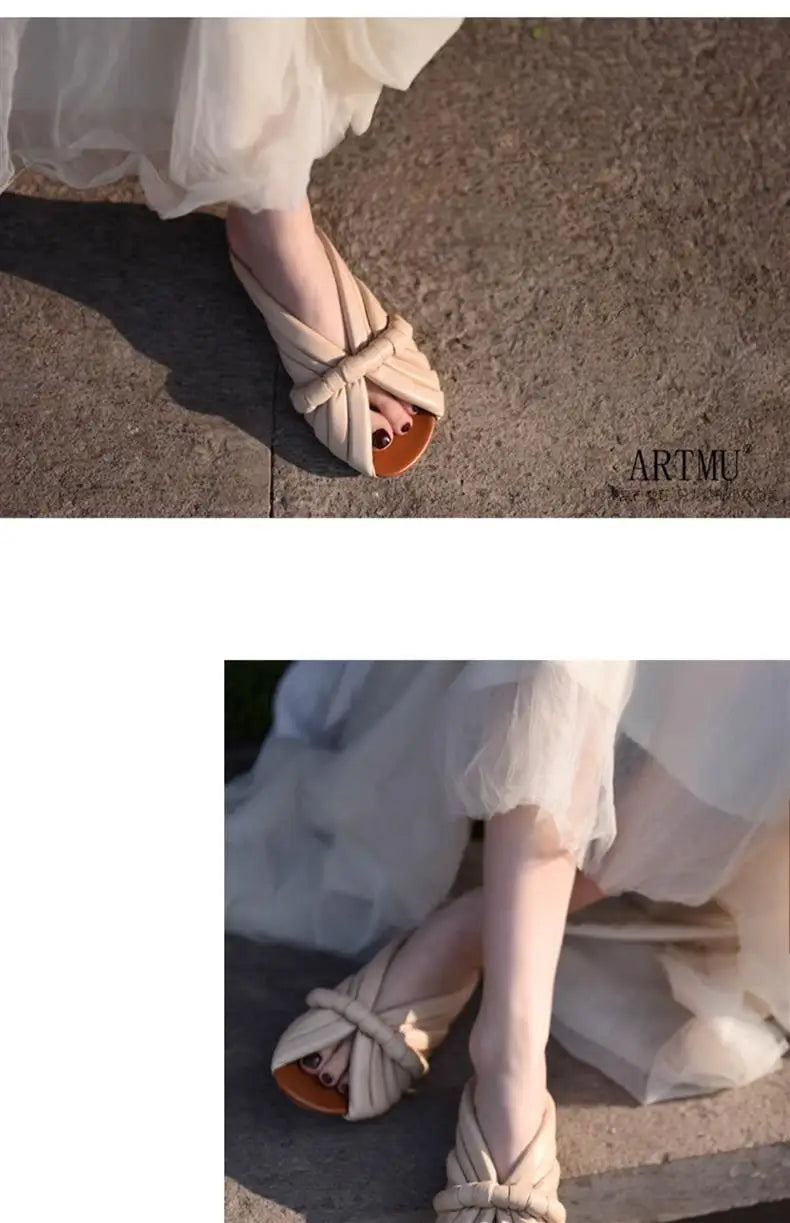 Sandalias Planas de Cuero Genuino para Mujer, Verano 2026, Diseño Abierto con Correa Anudada Única, para Uso en Exteriores