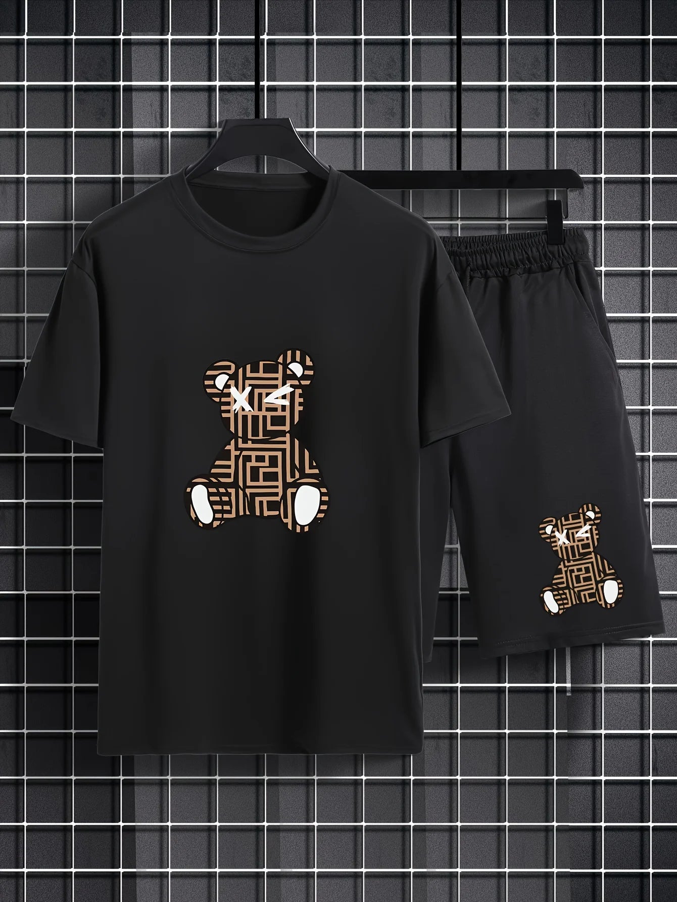 Conjunto Deportivo Casual de Verano para Hombre, Estilo Holgado, Moderno, con Estampado de Grafiti, Cuello Redondo, Manga Corta, Dos Piezas con Pantalones Cortos