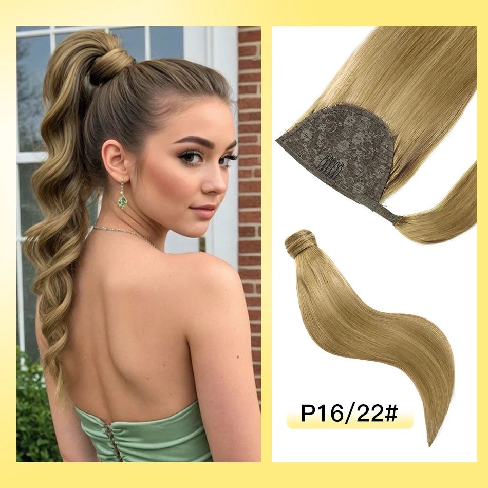 Cola de Caballo de cabello humano Yelo, Clip envolvente en pieza de cabello, extensión de cola de caballo, cabello humano liso con pasta mágica