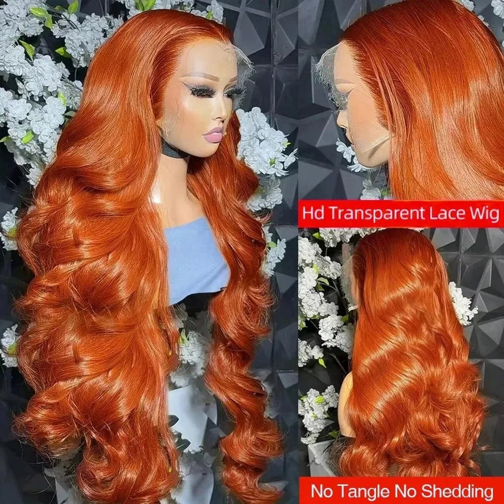 34 Pulgadas 350 #   Pelucas de Cabello Humano con Frente de Encaje Ondulado Color Borgoña Naranja Jengibre, Pre-Desplumadas, 200% de Densidad, Peluca de Cabello Humano con Frente de Encaje 13x4