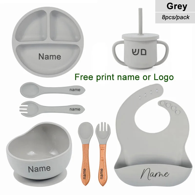 Juego de alimentación de silicona para bebé, plato de comedor redondo, cuenco con ventosa, platos para niños, vajilla con nombre personalizado, taza de paja, 8 Uds.
