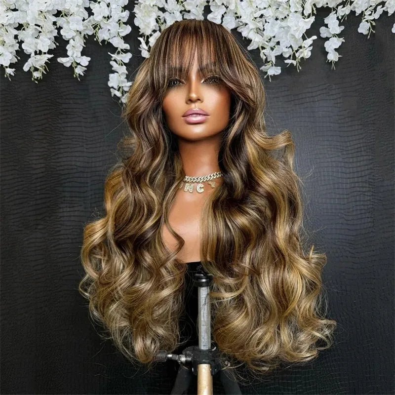 Resaltar Rubio degradado cuerpo onda peluca con malla Frontal con flequillo 13x4 HD peluca Frontal de encaje para mujeres sintético de alta calidad uso diario