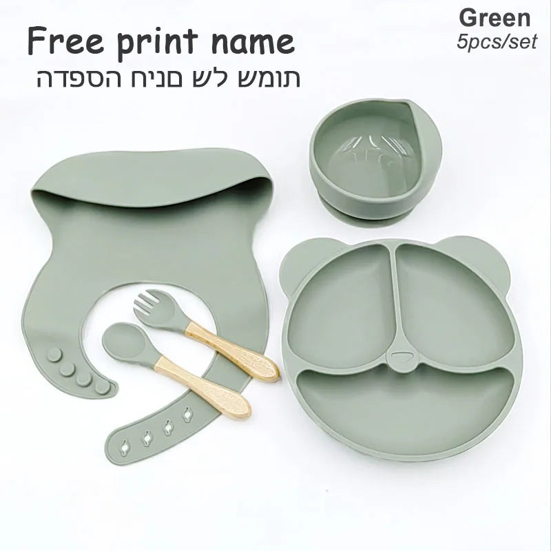 Vajilla de silicona para niños, juego de alimentación de bebé, plato de dibujos animados, nombre personalizado, taza con ventosa, plato, babero, regalo para recién nacido, 8 Uds./5 uds.